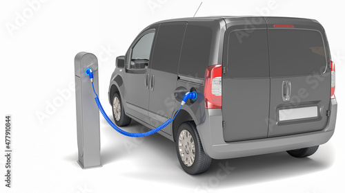 Electric minivan at charging station gray
