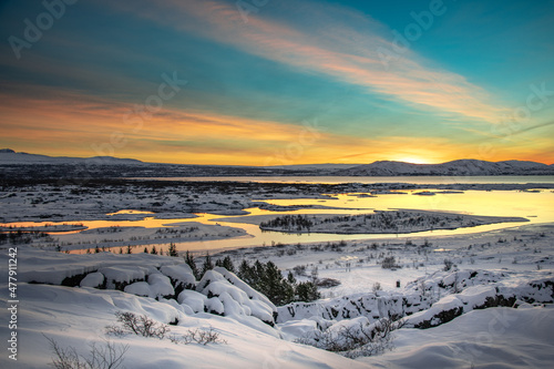 Sunrise over Rift Valley Lake (Pingvallavatn) in Thingvellir National Park Iceland.