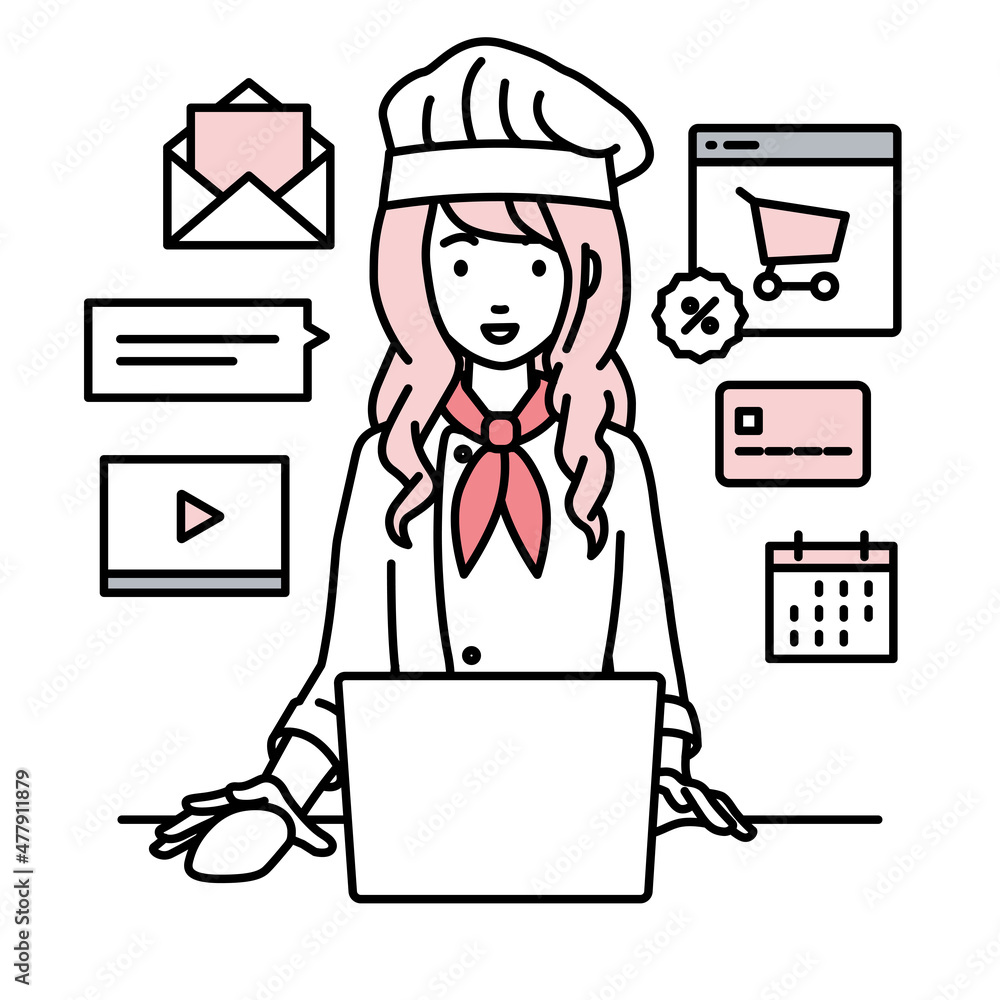 デスクで座ってPCでネットショップやマーケティングの仕事をしている調理師の女性