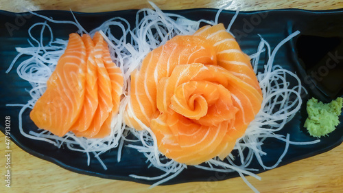 Japanese food sashimi salmon in japan restaurant photo