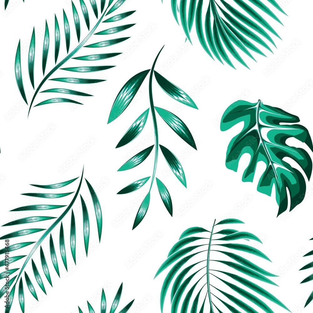tropical plants elements seamless pattern illustration with blue monochromatic color style monstera palm leaves and foliage on white background. vector design. Exotic tropics. Summer themed design. 