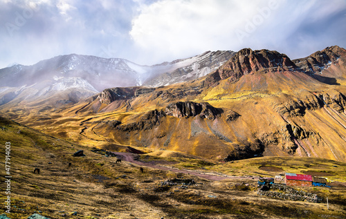 Andean landscape at Vinicunca Rainbow Mountain near Cusco in Peru