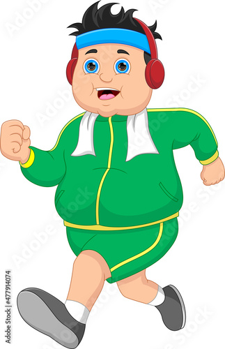 cartoon fat boy jogging on white background