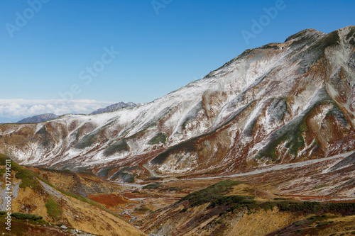 北アルプス紅葉に初冠雪の室堂