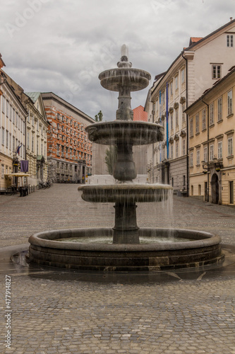 Fountain at the Novi Trg square in the center of Ljubljana, Slovenia