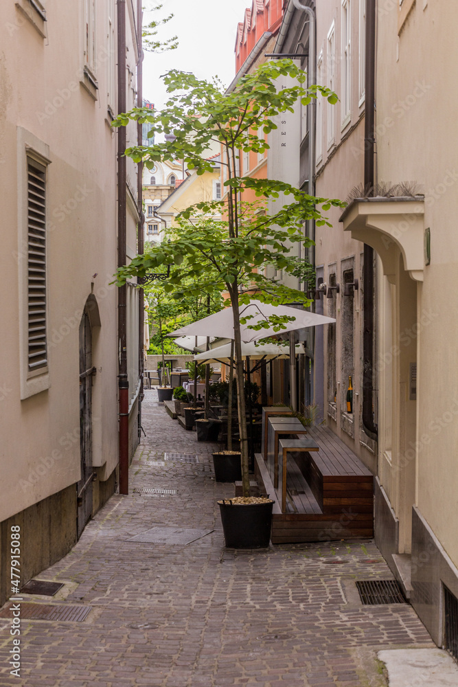 Narrow alley in the center of Ljubljana, Slovenia