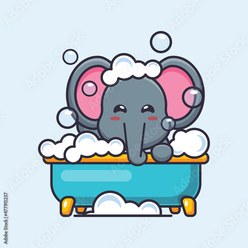 Cute elephant taking bubble bath in bathtub. Cute cartoon animal illustration.
