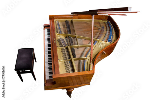 Overhead view of grand piano with cut out bench on white background without shadow. Graphic resource to replace the background