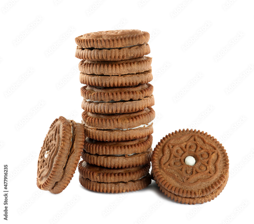 Tasty chocolate sandwich cookies on white background