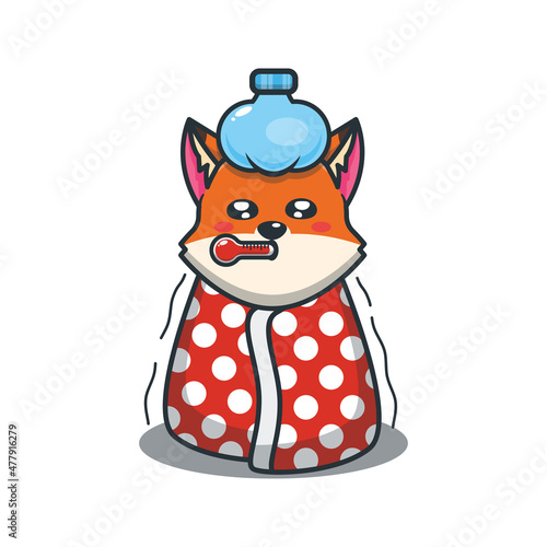 Cute fox sick. Cute cartoon animal illustration.