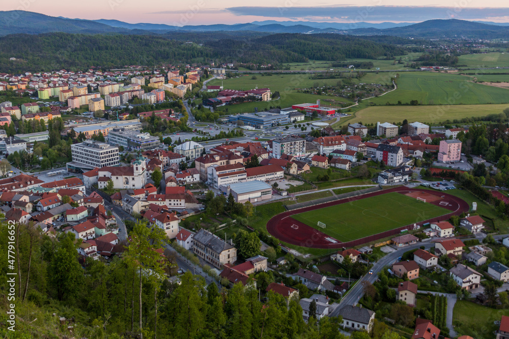 Sunset aerial view of Postojna town, Slovenia