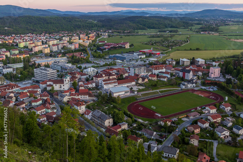 Sunset aerial view of Postojna town, Slovenia