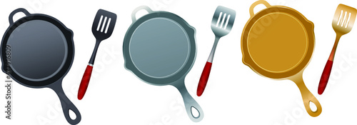 Cast iron, frying pan, pan, skillet, utensil, spatula, kitchen, baking, cooking, top view, black, silver, gold, metal, domestic, yellow, grey, realistic