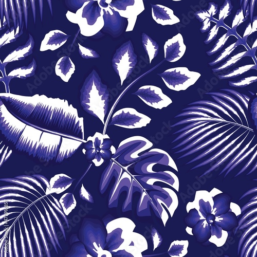 abstract nature  seamless background with monochromatic tropical jasmine flowers, banana leaves and monstera plants foliage on dark background. Vector design. Jungle print. Exotic tropic. spring. fall