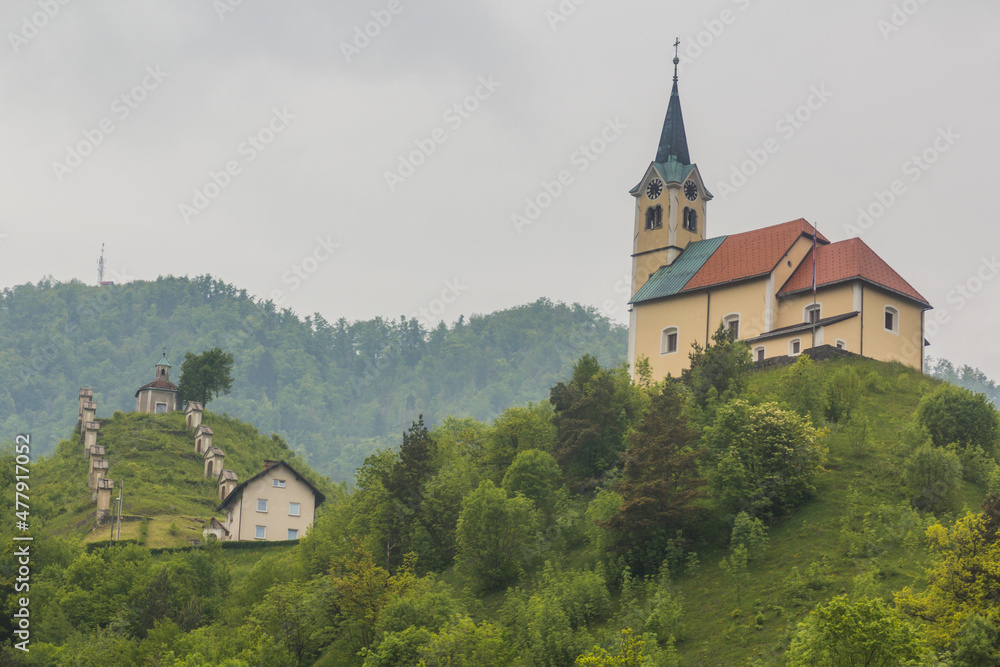 Hilltop St. Anthony's church in Idrija, Slovenia.