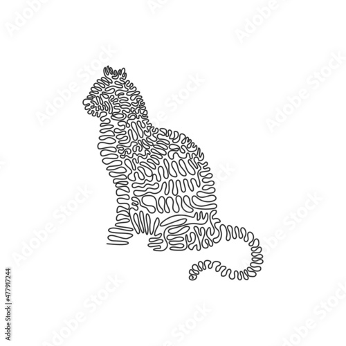 Single curly one line drawing of cute cat sitting abstract art. Continuous line draw graphic design vector illustration of friendly domestic animal for icon, symbol, company logo, poster wall decor