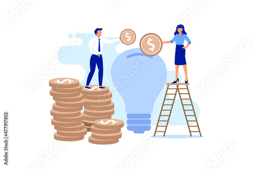Venture capital. A man standing on a stack of coins, a woman standing on a ladder throwing coins in a light bulb, on the background of dollar icons flat modern design illustration
