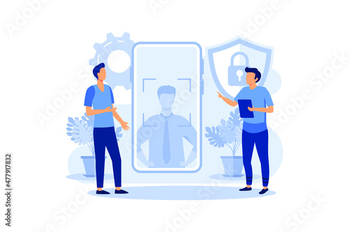 Face Recognition Technology Concept, Showing a mobile apps with biometric face detection technology features, Suitable for landing page, ui, web, App intro card, editorial, banner flat illustration 