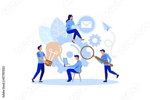Finding new ideas. problem solving. Vector illustration banner.Teamwork search for solutions Miniature people team working flat modern design illustration