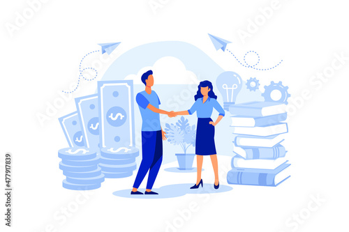 business porters a successful team. The investor holds money in ideas. financing of creative projects. woman and man business handshake flat modern design illustration