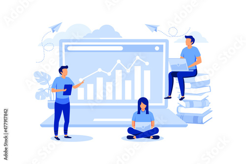 concept of success, reach a goal, vector illustration of business, employees study infographics, analyze evolutionary scale, online training flat modern design illustration