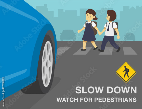 Safety car driving rules. Slow down and watch for pedestrians warning design. School children crossing the road on crosswalk. Close-up view of front tires. Flat vector illustration template.