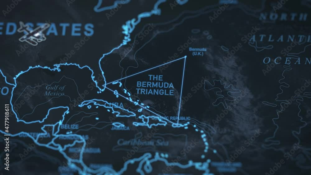 the bermuda triangle map animation. Airplane passing by region and disappearing.