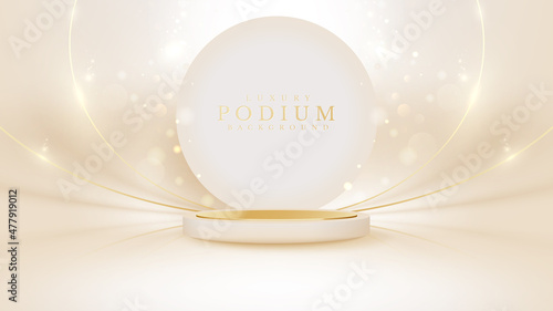 Cream color podium with circle frame elements on back and golden lines with glitter light effect, Luxury banner background design.