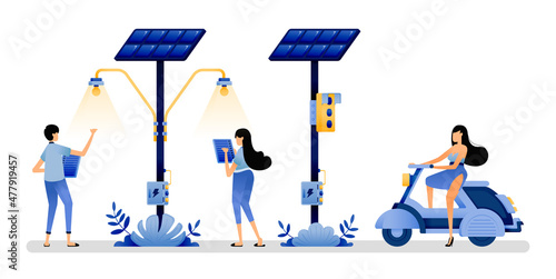 vector illustration of solar panels used for daily public facilities such as street lights and traffic lights to support  renewable energy. Can use for web website apps poster banner flyer homepage