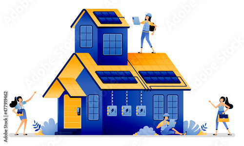 vector illustration of installation of independent use of solar panels in residential areas to reduce electricity costs and protect environment. Can use for web website mobile apps poster banner flyer