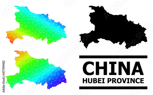 Vector lowpoly rainbow colored map of Hubei Province with diagonal gradient. Triangulated map of Hubei Province polygonal illustration.