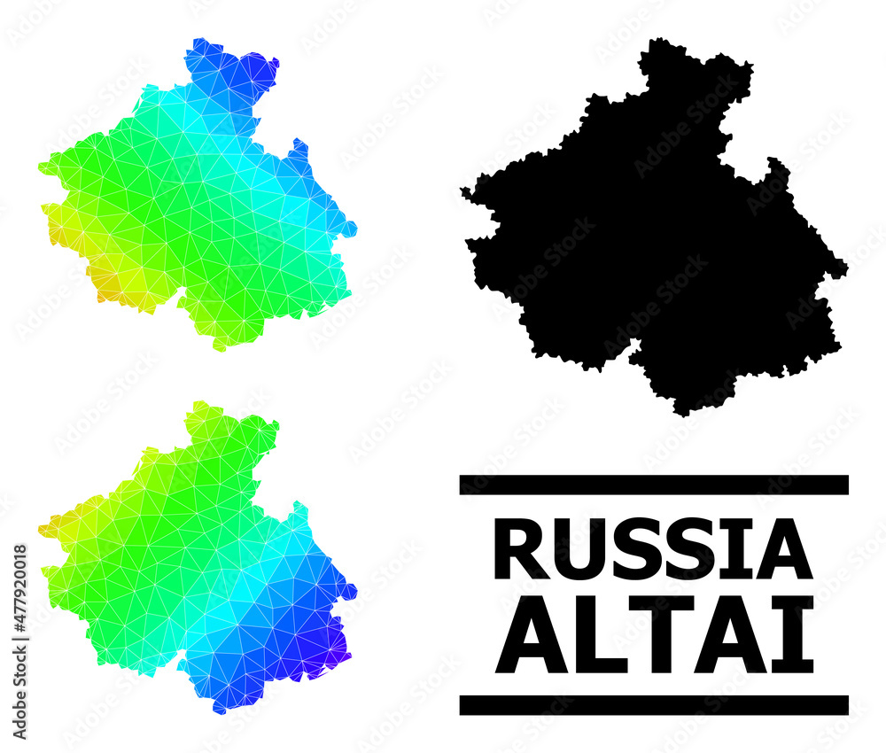 Vector low-poly spectrum colored map of Altai Republic with diagonal gradient. Triangulated map of Altai Republic polygonal illustration.
