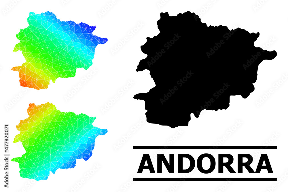 Vector lowpoly rainbow colored map of Andorra with diagonal gradient. Triangulated map of Andorra polygonal illustration.