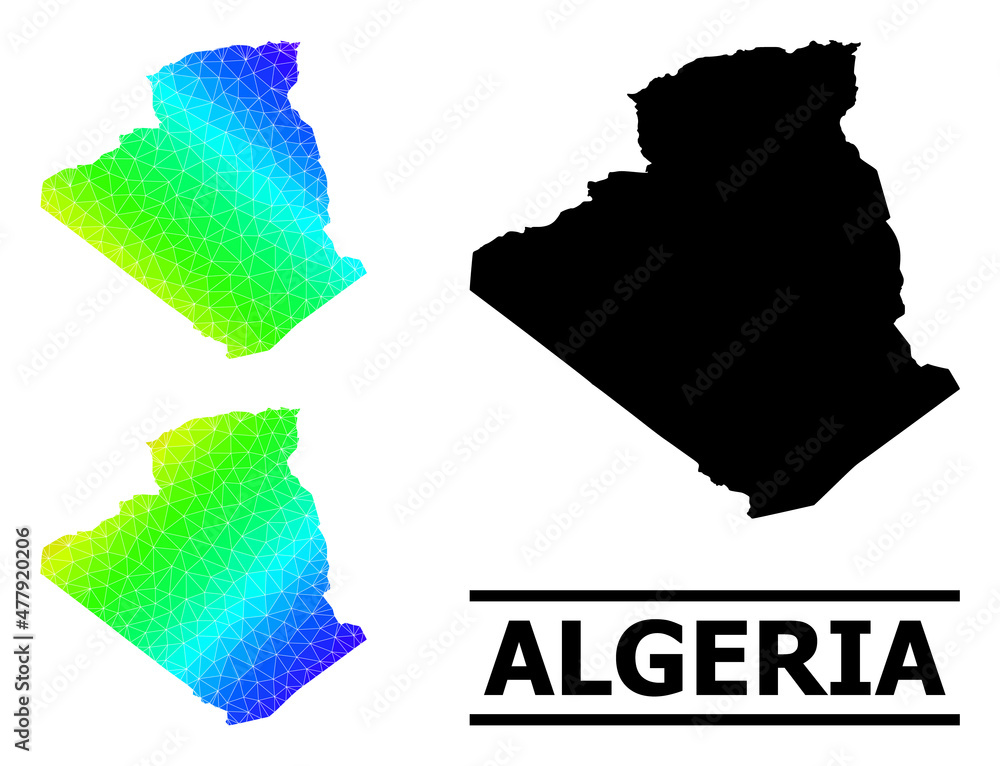 Vector lowpoly rainbow colored map of Algeria with diagonal gradient. Triangulated map of Algeria polygonal illustration.