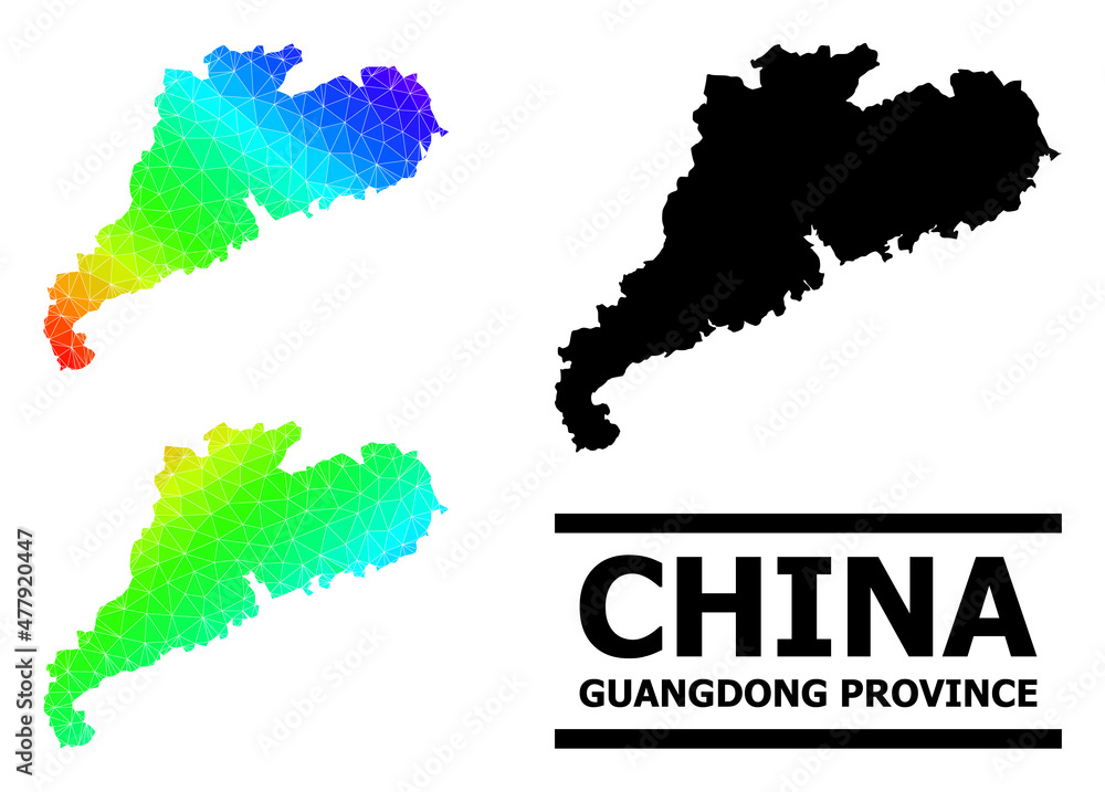 Vector lowpoly spectral colored map of Guangdong Province with diagonal gradient. Triangulated map of Guangdong Province polygonal illustration.
