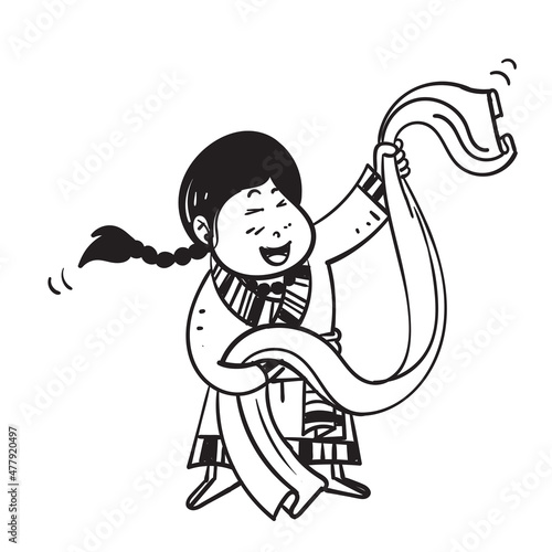 hand drawn doodle tibetan girl holding piece of cloth symbol for losar day illustration