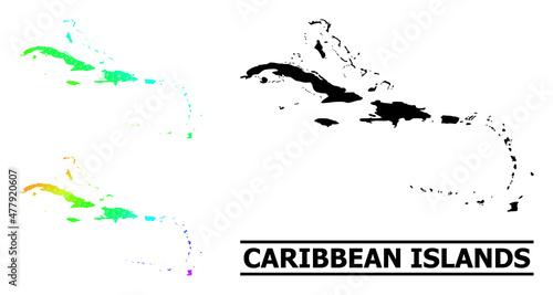 Vector low-poly spectral colored map of Caribbean Islands with diagonal gradient. Triangulated map of Caribbean Islands polygonal illustration.
