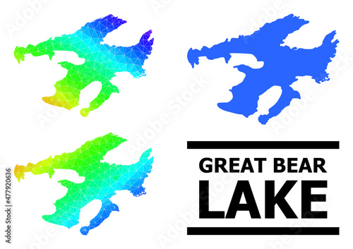 Vector low-poly spectrum colored map of Great Bear Lake with diagonal gradient. Triangulated map of Great Bear Lake polygonal illustration.