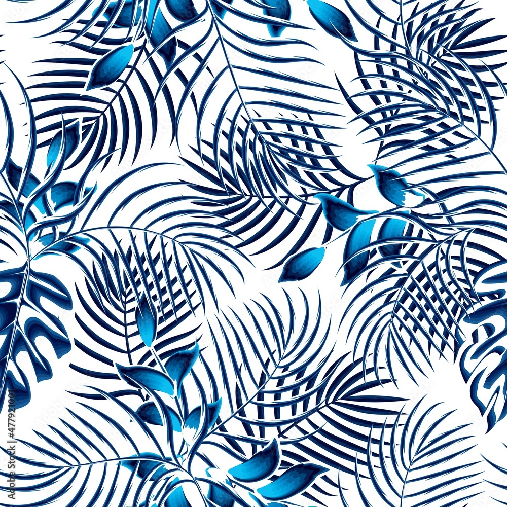 Modern seamless pattern with blue tropical monstera palm leaves plants and foliage. Fashionable texture design, textile, fabric, printing. Summer design. Exotic design and ornament. white background 