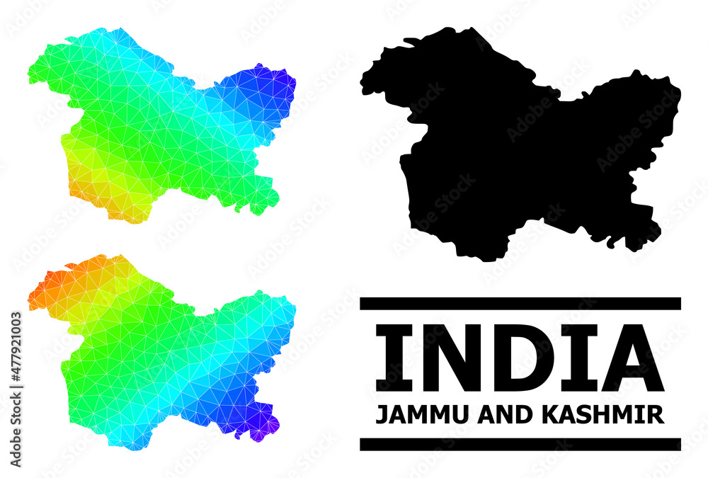 Vector low-poly rainbow colored map of Jammu and Kashmir State with diagonal gradient. Triangulated map of Jammu and Kashmir State polygonal illustration.