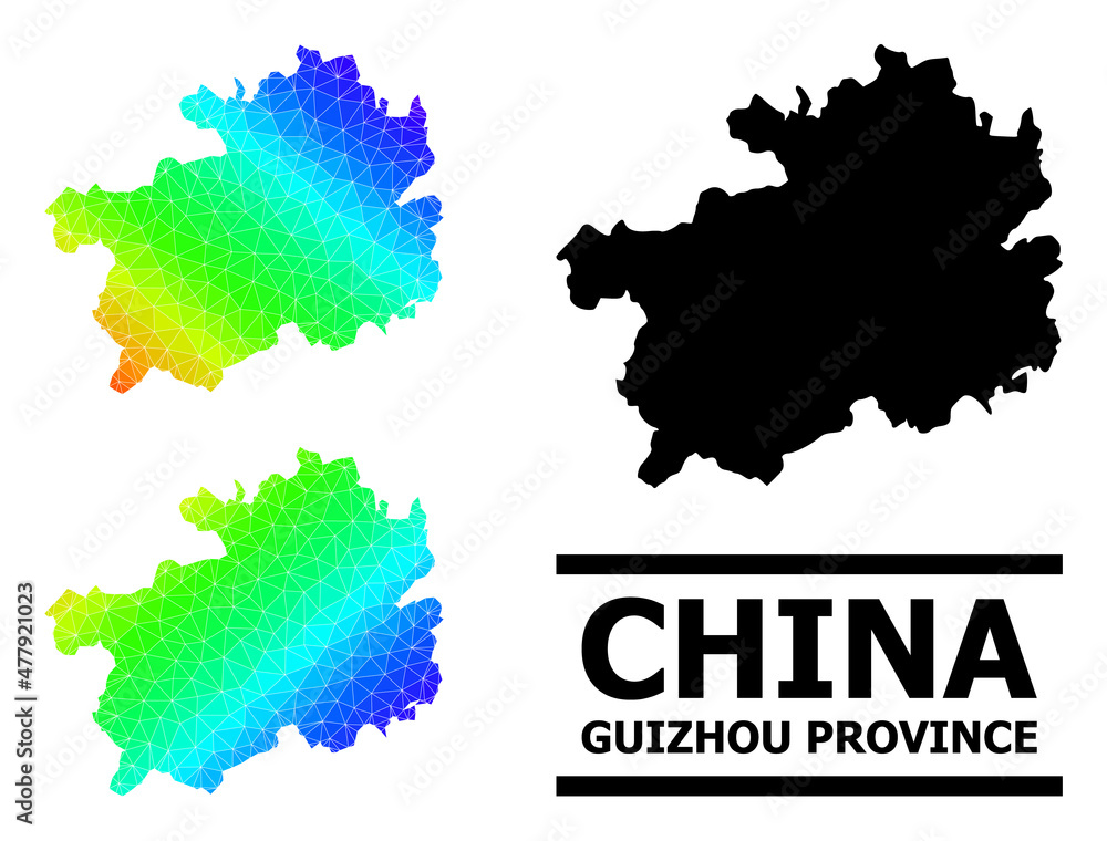Vector low-poly spectrum colored map of Guizhou Province with diagonal gradient. Triangulated map of Guizhou Province polygonal illustration.