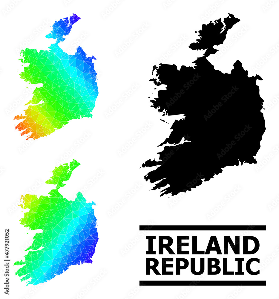 Vector low-poly spectrum colored map of Ireland Republic with diagonal gradient. Triangulated map of Ireland Republic polygonal illustration.
