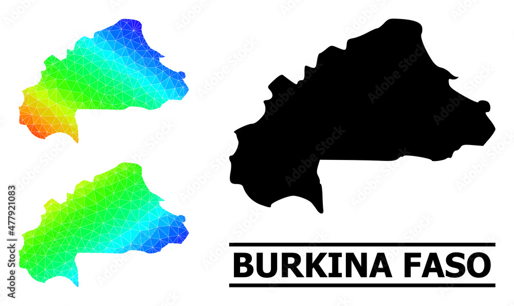 Vector lowpoly spectrum colored map of Burkina Faso with diagonal gradient. Triangulated map of Burkina Faso polygonal illustration.