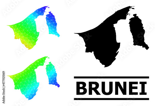 Vector lowpoly spectral colored map of Brunei with diagonal gradient. Triangulated map of Brunei polygonal illustration.