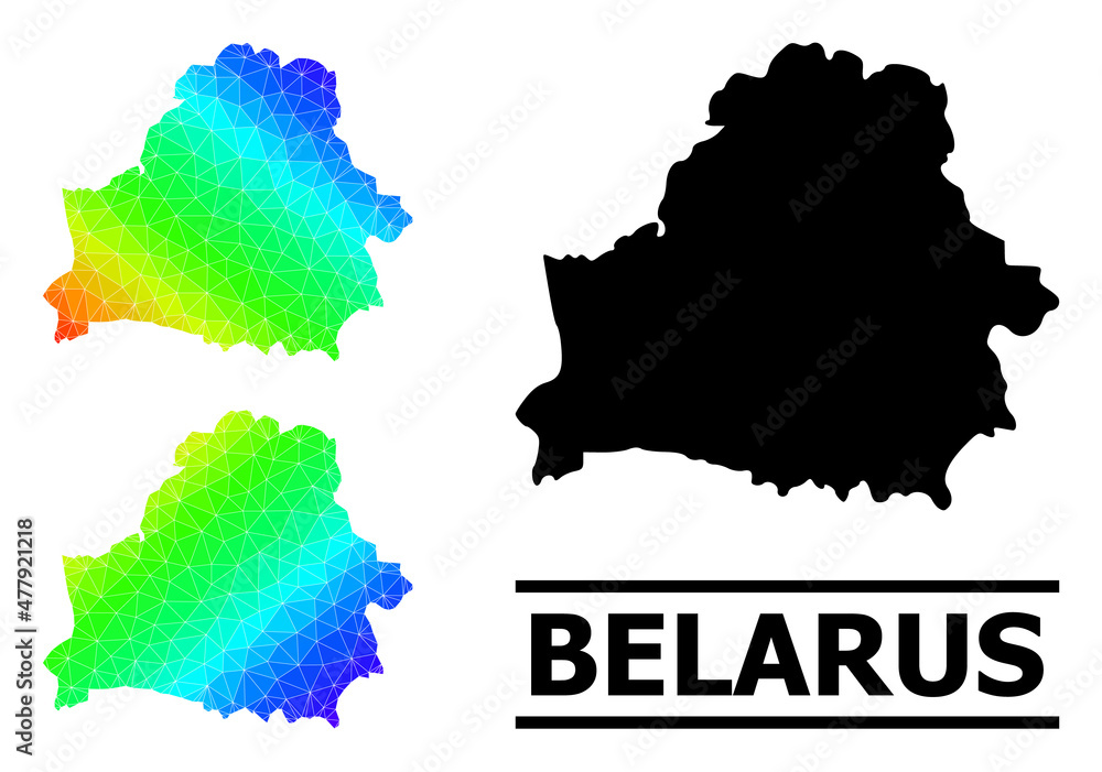 Vector lowpoly rainbow colored map of Belarus with diagonal gradient. Triangulated map of Belarus polygonal illustration.