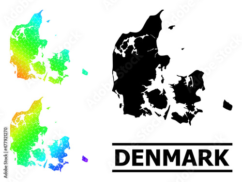 Vector low-poly spectral colored map of Denmark with diagonal gradient. Triangulated map of Denmark polygonal illustration.