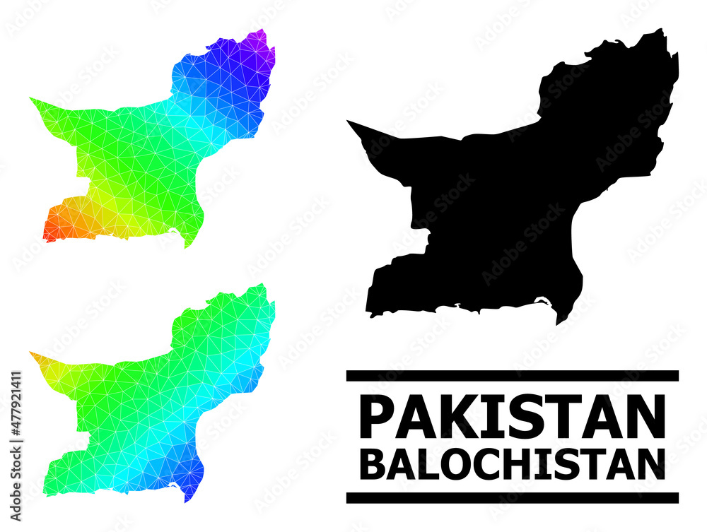 Vector low-poly rainbow colored map of Balochistan Province with diagonal gradient. Triangulated map of Balochistan Province polygonal illustration.