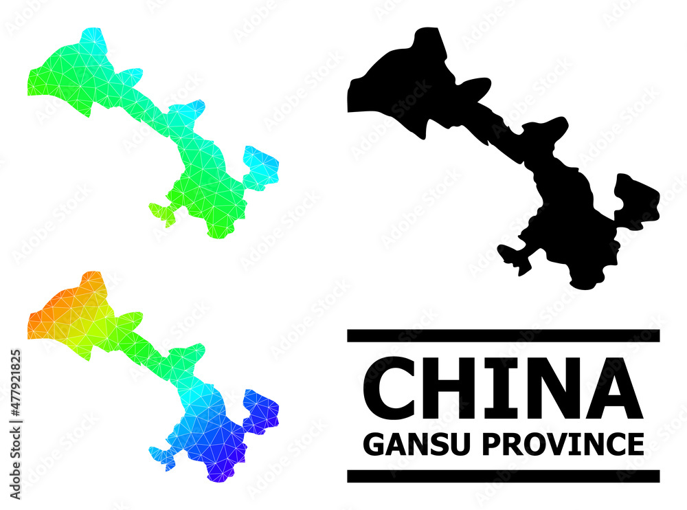 Vector low-poly spectral colored map of Gansu Province with diagonal gradient. Triangulated map of Gansu Province polygonal illustration.
