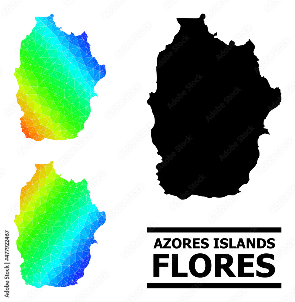 Vector low-poly spectrum colored map of Azores - Flores Island with diagonal gradient. Triangulated map of Azores - Flores Island polygonal illustration.