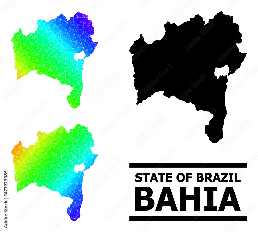 Vector low-poly spectrum colored map of Bahia State with diagonal gradient. Triangulated map of Bahia State polygonal illustration.